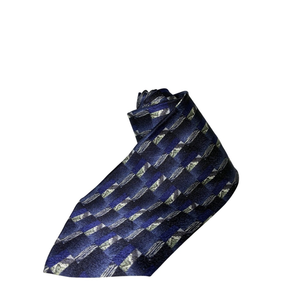 Pierre Cardin Mens Silk Necktie Navy Blue Black Geometric Block Stripe Pattern